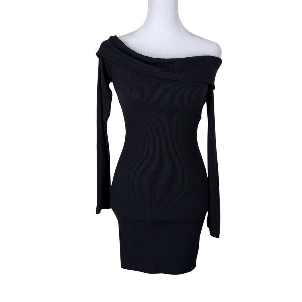 White Fox NWT Women Nice And Clear Mini Dress Small Black Ribbed Off Shoulder